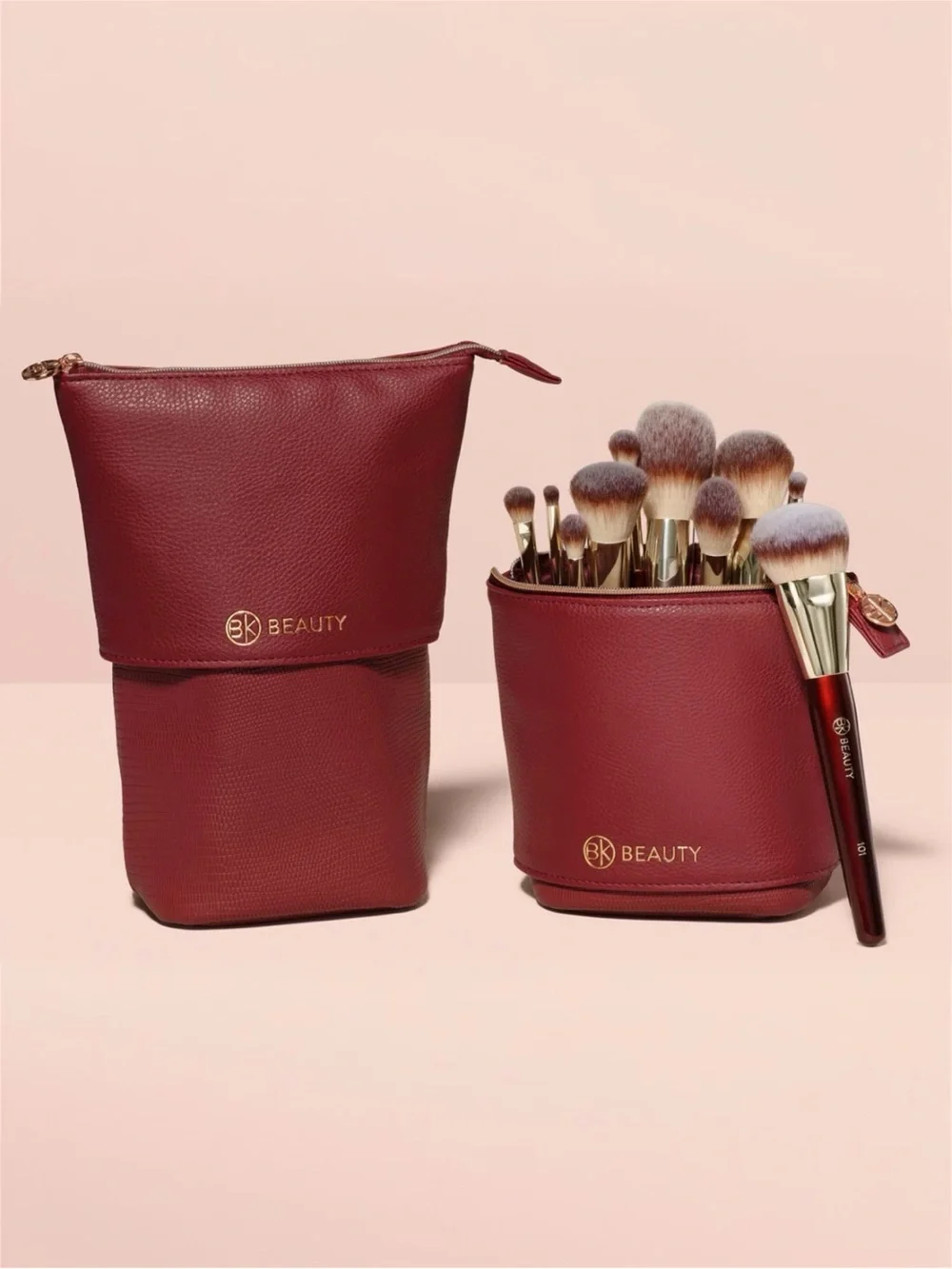 NWT BK Beauty Standup Brush Holder Travel Makeup Bag Burgundy Vegan Leather Case